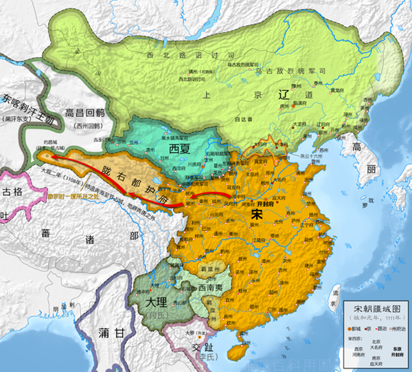 夏崇宗时期,西夏与辽朝,北宋等三国对峙图